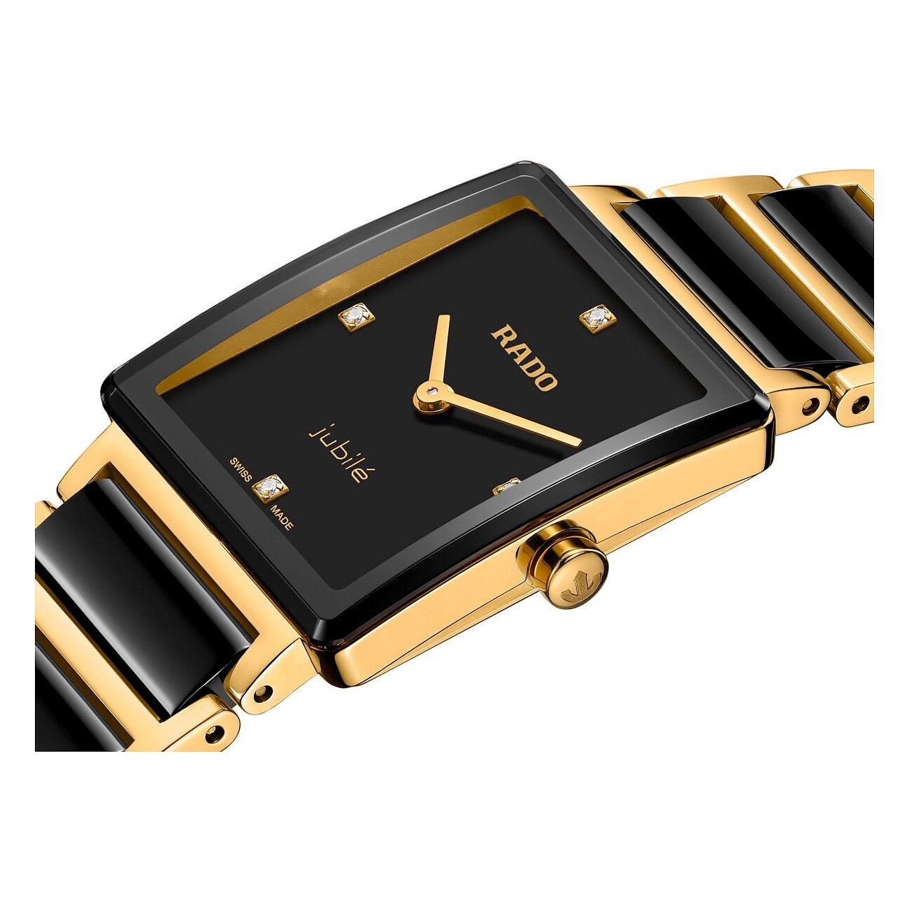 Rado Damenuhr: rechteckiges Zifferblatt, goldenes Edelstahlgehäuse, schwarzes Keramik-/Edelstahlband, Diamanten bei 12 & 6 Uhr.