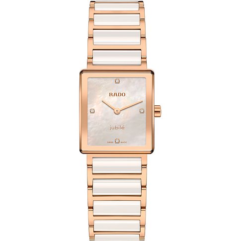Rado Damenuhr aus roségoldfarbenem Edelstahl mit weißem Armband, rechteckigem Perlmuttzifferblatt mit Diamanten.