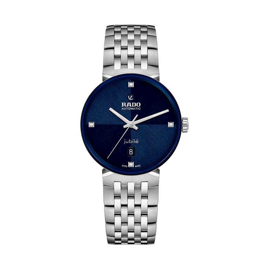 Rado Unisexuhr aus Edelstahl mit blauem Zifferblatt, silbernen Zeigern und Indizes, verziert mit Diamanten.