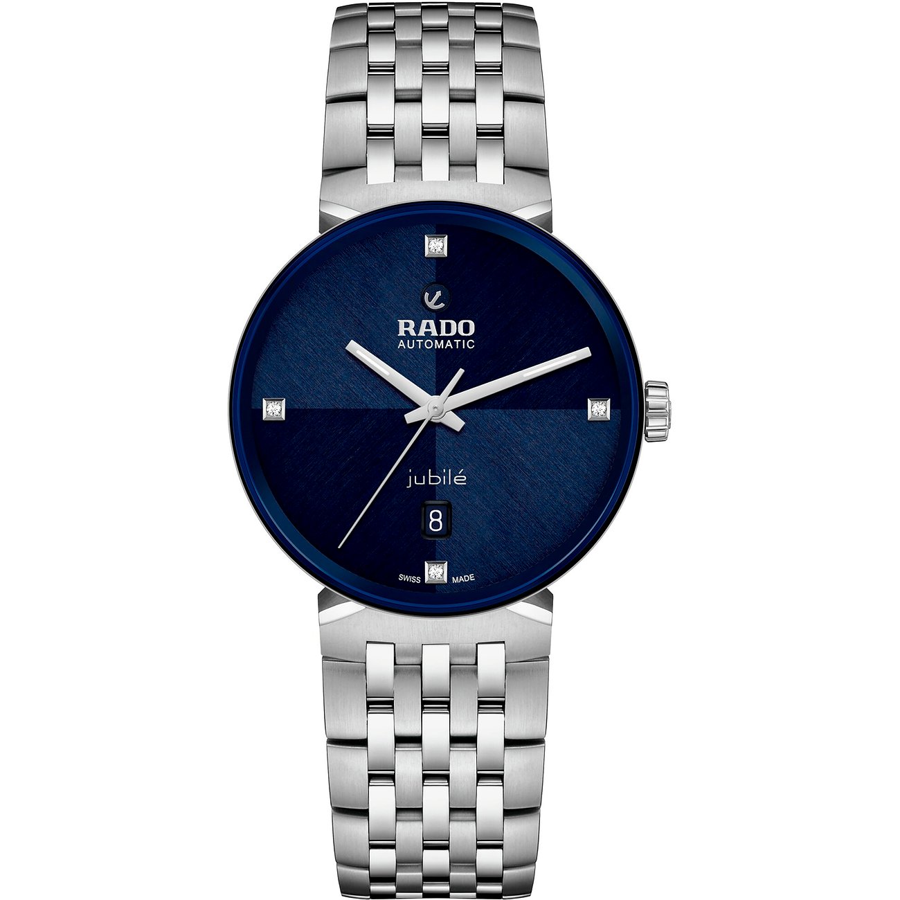 Rado Unisexuhr aus Edelstahl mit blauem Zifferblatt, silbernen Zeigern und Indizes, verziert mit Diamanten.
