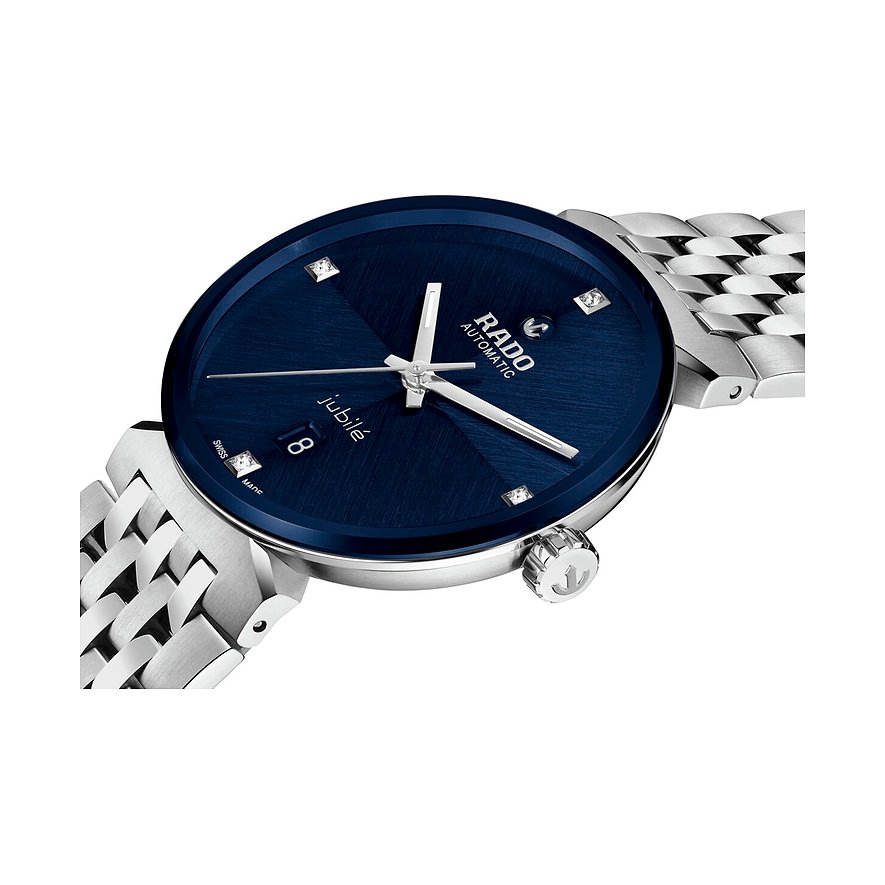 Nahaufnahme einer Rado Jubilé-Automatik-Herrenuhr aus blauem Edelstahl mit Diamanten und schimmerndem Zifferblatt.