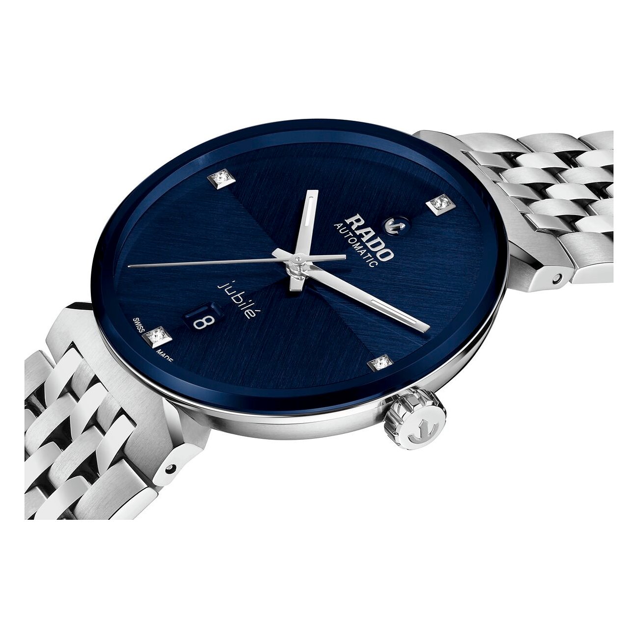 Nahaufnahme einer Rado Jubilé-Automatik-Herrenuhr aus blauem Edelstahl mit Diamanten und schimmerndem Zifferblatt.