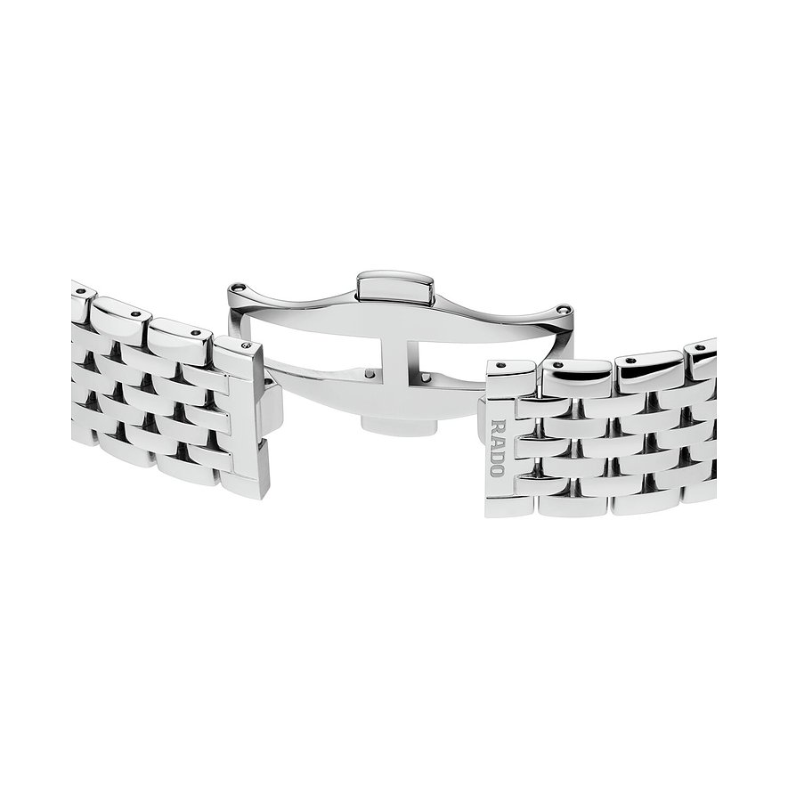 Nahaufnahme der Butterfly-Faltschließe aus Edelstahl für ein Rado-Uhrenarmband, die das Rado-Logo zeigt.