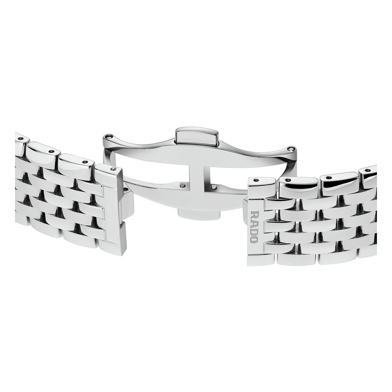 Nahaufnahme der Butterfly-Faltschließe aus Edelstahl für ein Rado-Uhrenarmband, die das Rado-Logo zeigt.