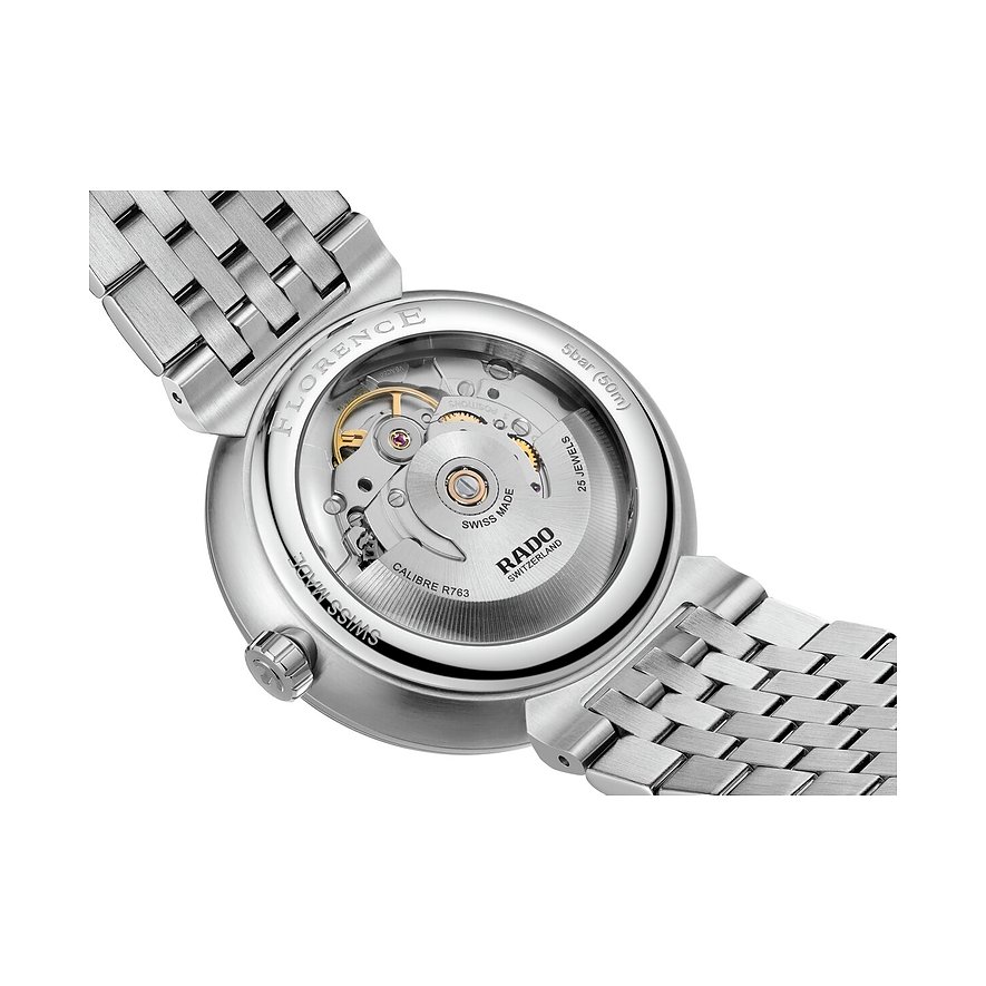 Rado Unisexuhr aus Edelstahl, Rückseite mit Sichtboden, durch den das Uhrwerk Rado Calibre R763 sichtbar ist.