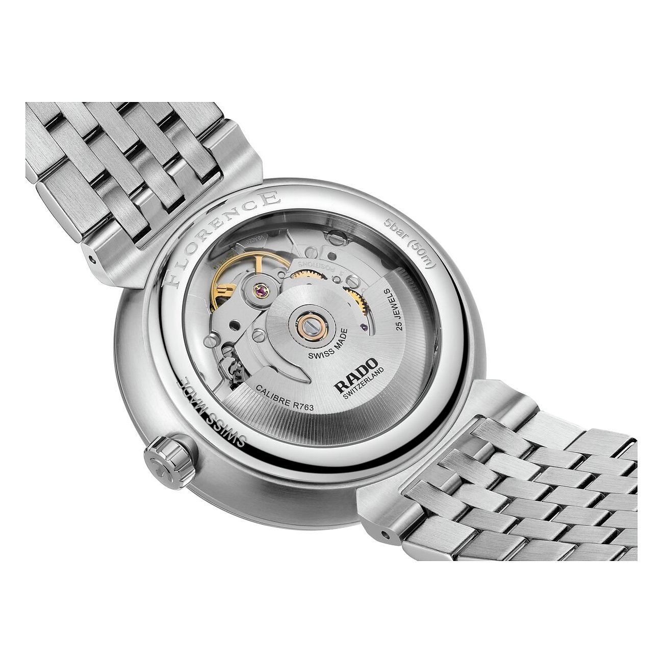 Rado Unisexuhr aus Edelstahl, Rückseite mit Sichtboden, durch den das Uhrwerk Rado Calibre R763 sichtbar ist.