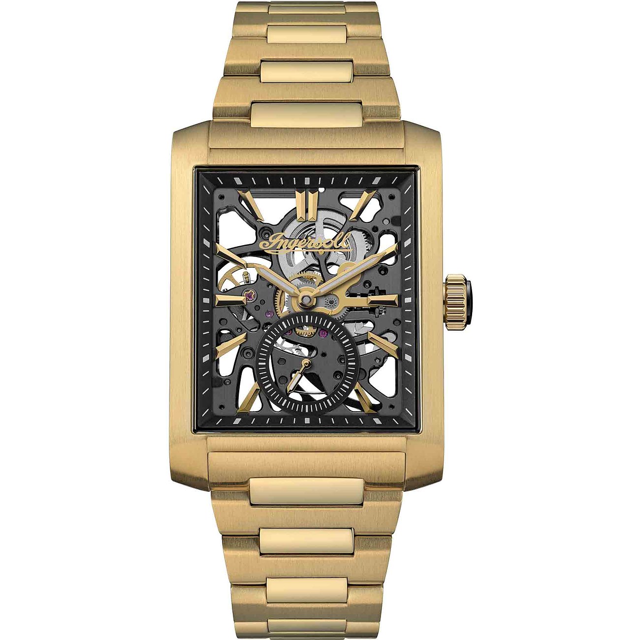 Eine rechteckige, goldfarbene Ingersoll Herrenuhr aus Edelstahl mit Skelettzifferblatt und schwarzem Gittermuster.