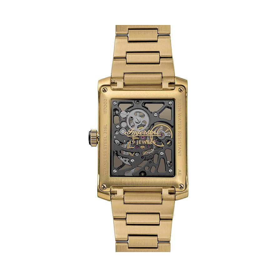 Eine rechteckige Ingersoll Herrenuhr aus goldfarbenem Edelstahl. Das offene Zifferblatt zeigt das Skelettwerk.