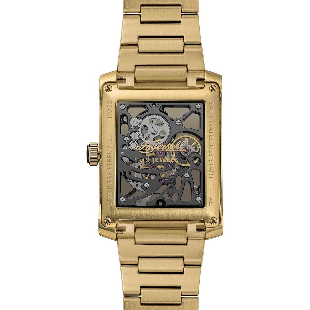Eine rechteckige Ingersoll Herrenuhr aus goldfarbenem Edelstahl. Das offene Zifferblatt zeigt das Skelettwerk.