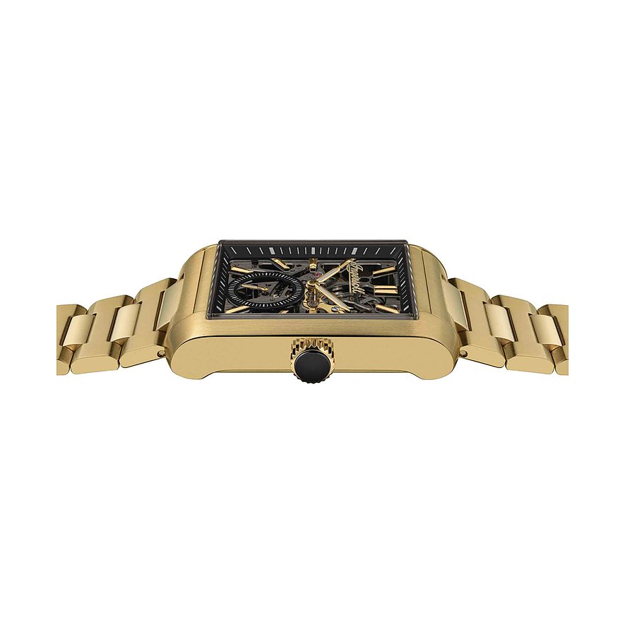 Seitenansicht der Ingersoll Herrenuhr aus goldfarbenem Edelstahl mit rechteckigem Gehäuse und schwarzem Zifferblatt.
