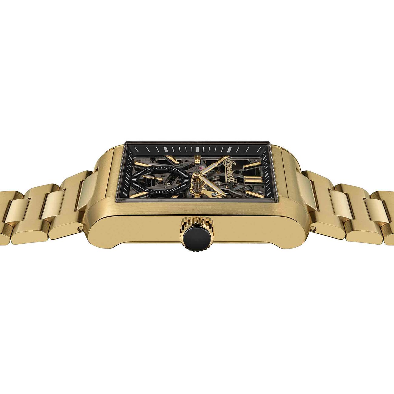 Seitenansicht der Ingersoll Herrenuhr aus goldfarbenem Edelstahl mit rechteckigem Gehäuse und schwarzem Zifferblatt.