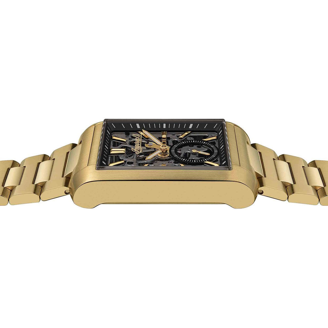 Die Ingersoll Herrenuhr aus goldfarbenem Edelstahl ist von der Seite zu sehen