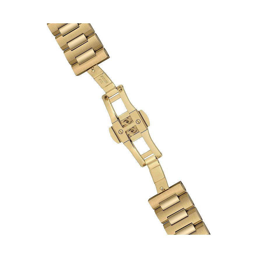 Nahaufnahme eines goldenen Ingersoll Herrenuhren-Armbands aus Edelstahl mit Schmetterlingsschließe.