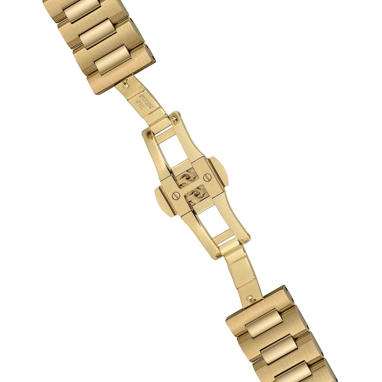 Nahaufnahme eines goldenen Ingersoll Herrenuhren-Armbands aus Edelstahl mit Schmetterlingsschließe.