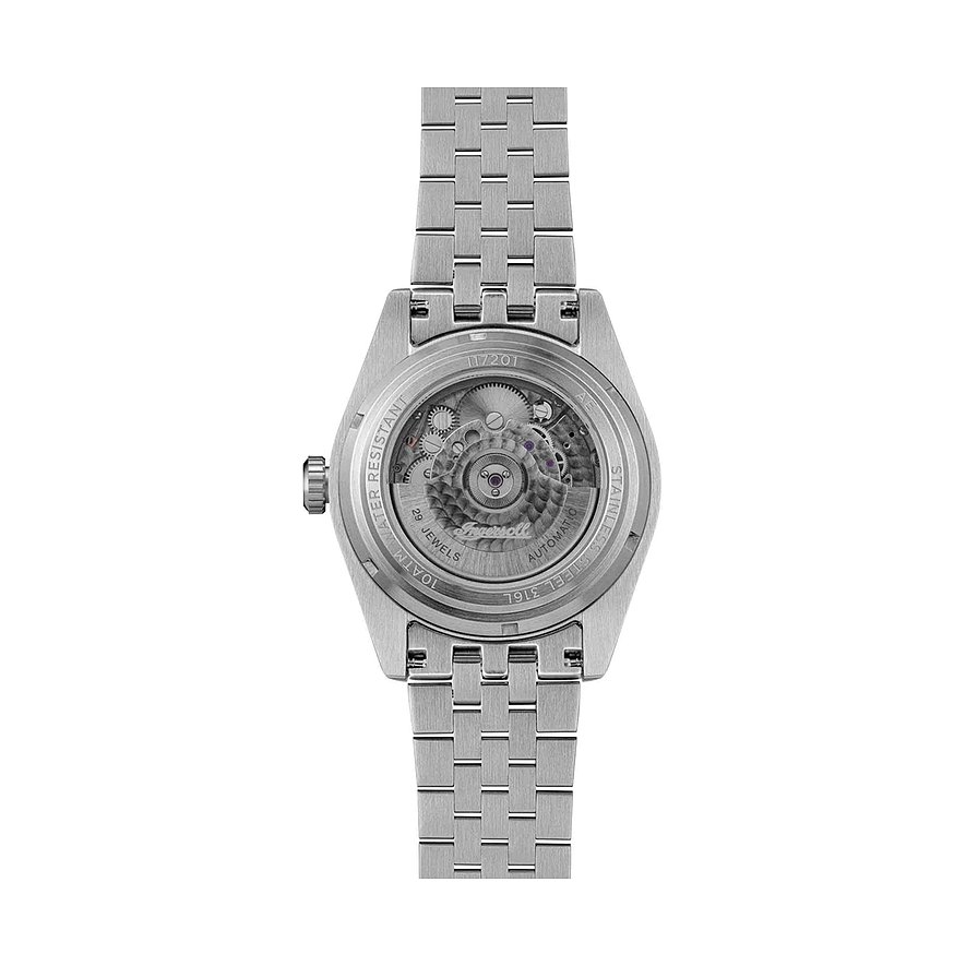 Rückansicht der Ingersoll Damenuhr aus Edelstahl, bei der das Uhrenwerk durch das Gehäuse sichtbar ist.