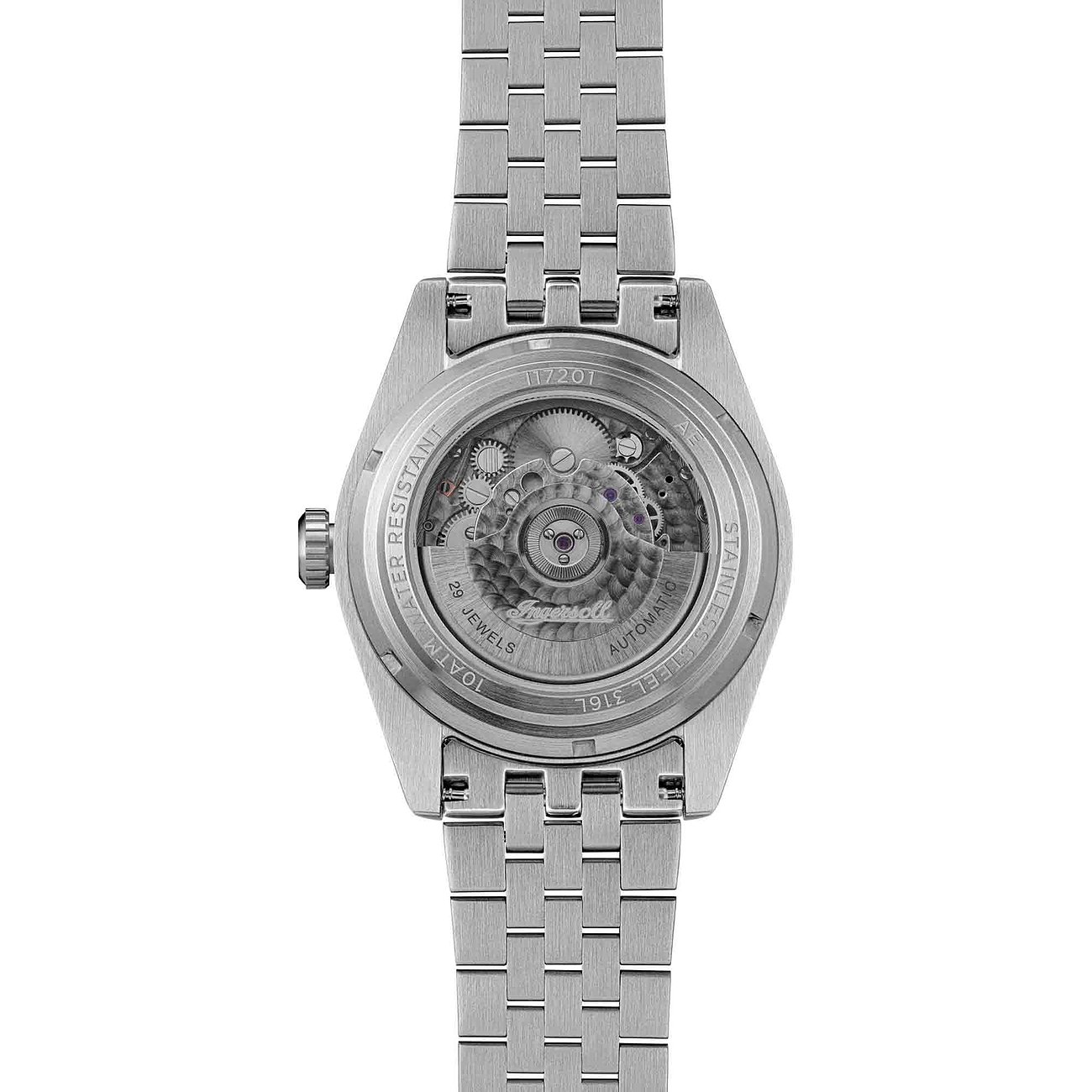 Rückansicht der Ingersoll Damenuhr aus Edelstahl, bei der das Uhrenwerk durch das Gehäuse sichtbar ist.