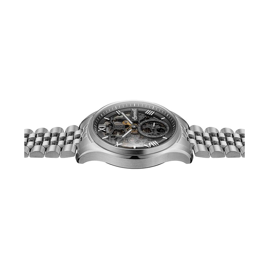 Seitenansicht der Ingersoll Herrenuhr aus Edelstahl mit Skelettzifferblatt und silberfarbenem Gliederarmband.