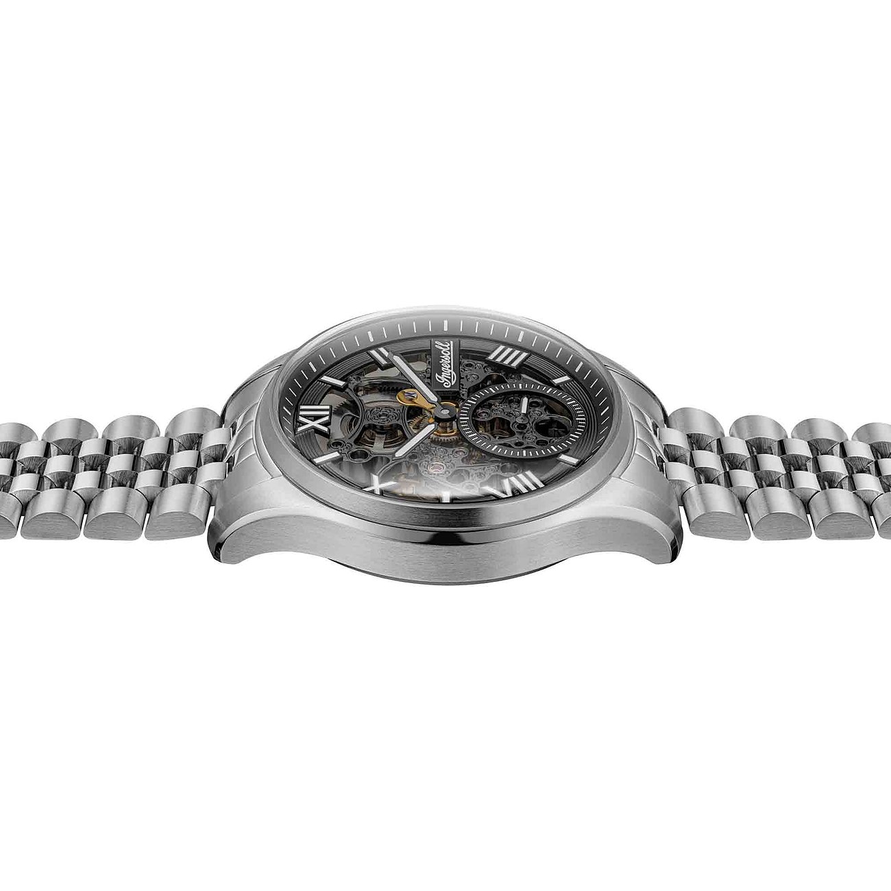 Seitenansicht der Ingersoll Herrenuhr aus Edelstahl mit Skelettzifferblatt und silberfarbenem Gliederarmband.