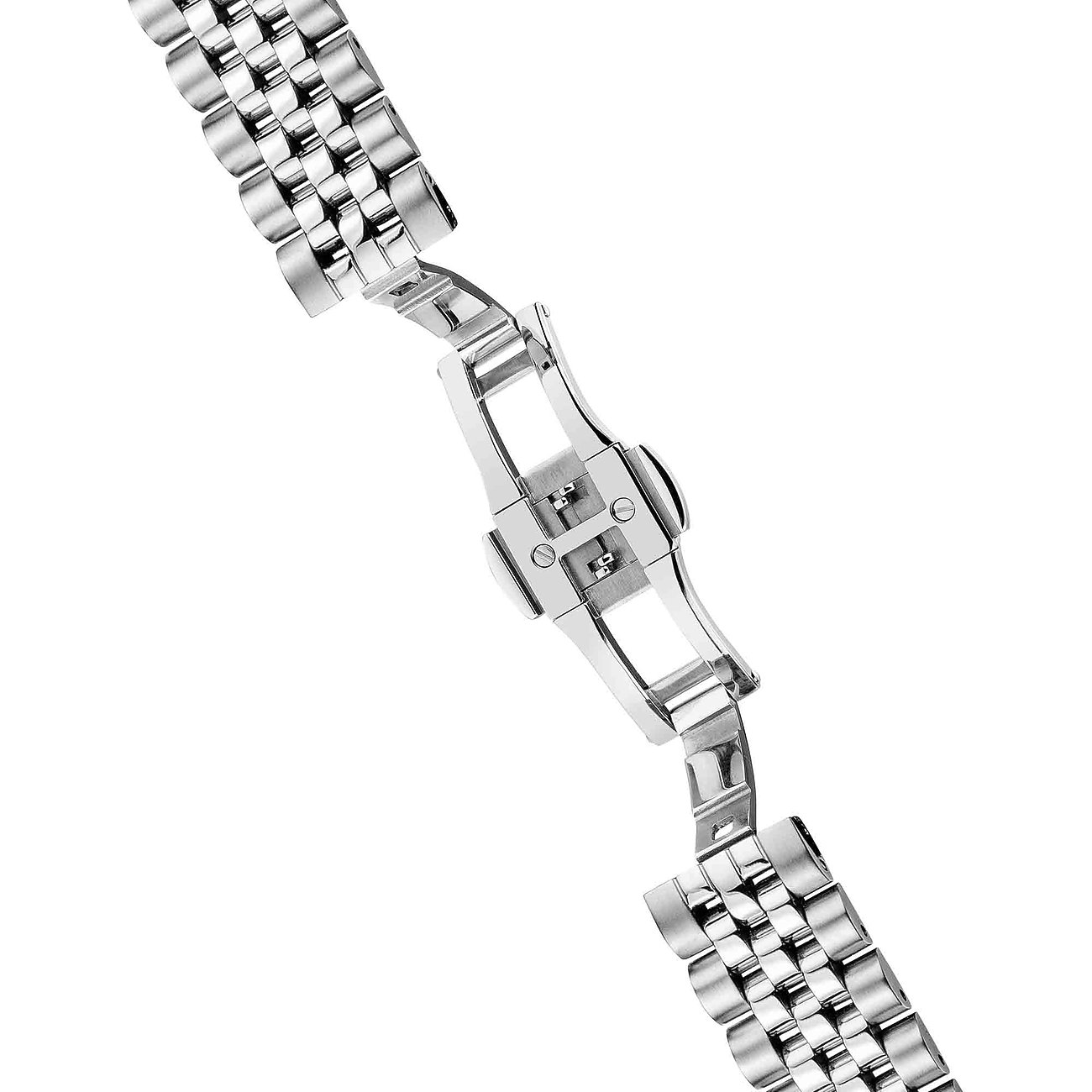 Ein glänzendes, silbernes Ingersoll Edelstahl-Uhrenarmband für Herrenuhren mit geöffneter Faltschließe.