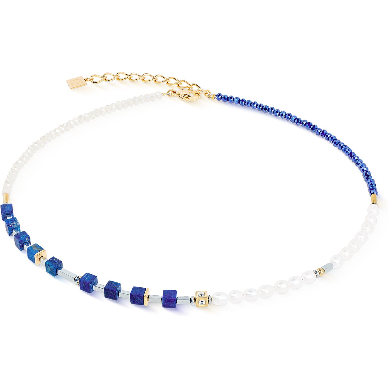 Collana Coeur de Lion in acciaio inox con perle blu e bianche, pietre preziose bianche ed elementi cubici.
