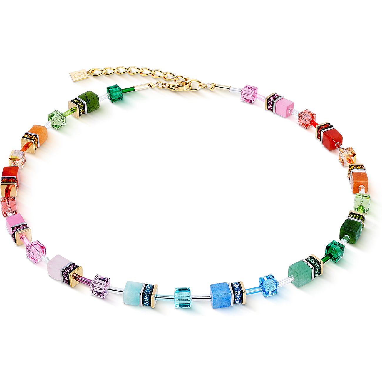 Collana Coeur de Lion in acciaio con elementi cubici in pietra colorata nelle tonalità del verde, rosso e blu.