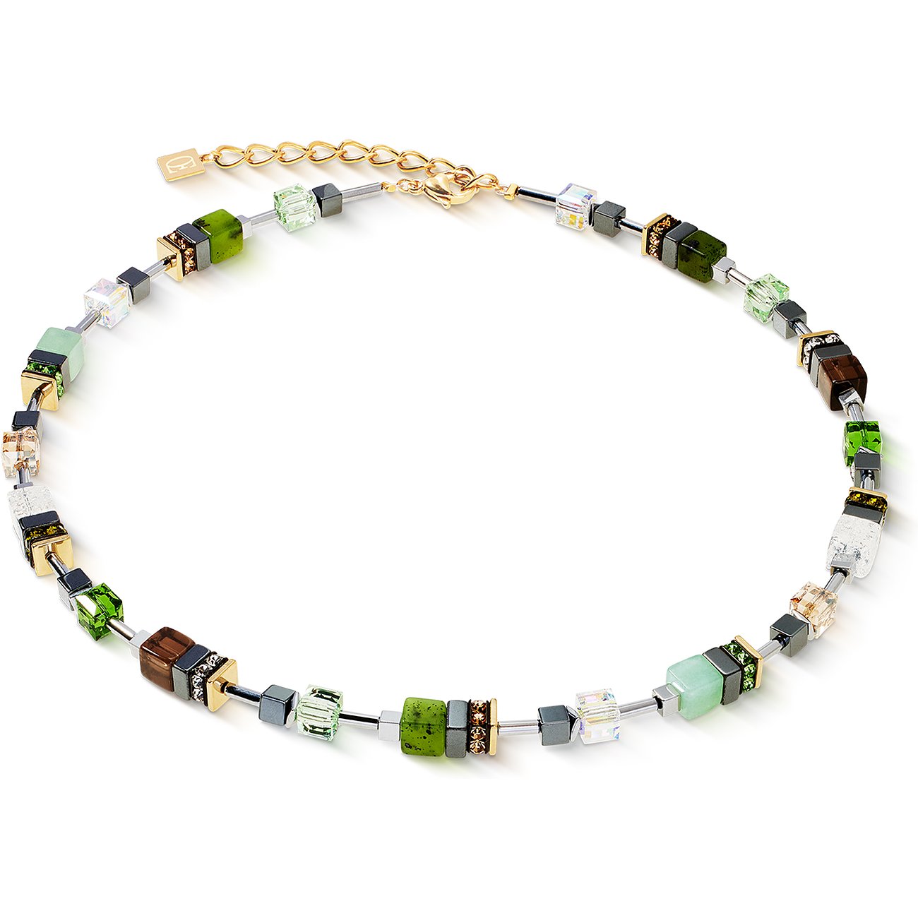 Collier Coeur de Lion en acier inoxydable, pierres cubiques de néphrite dans des tons verts et bruns.