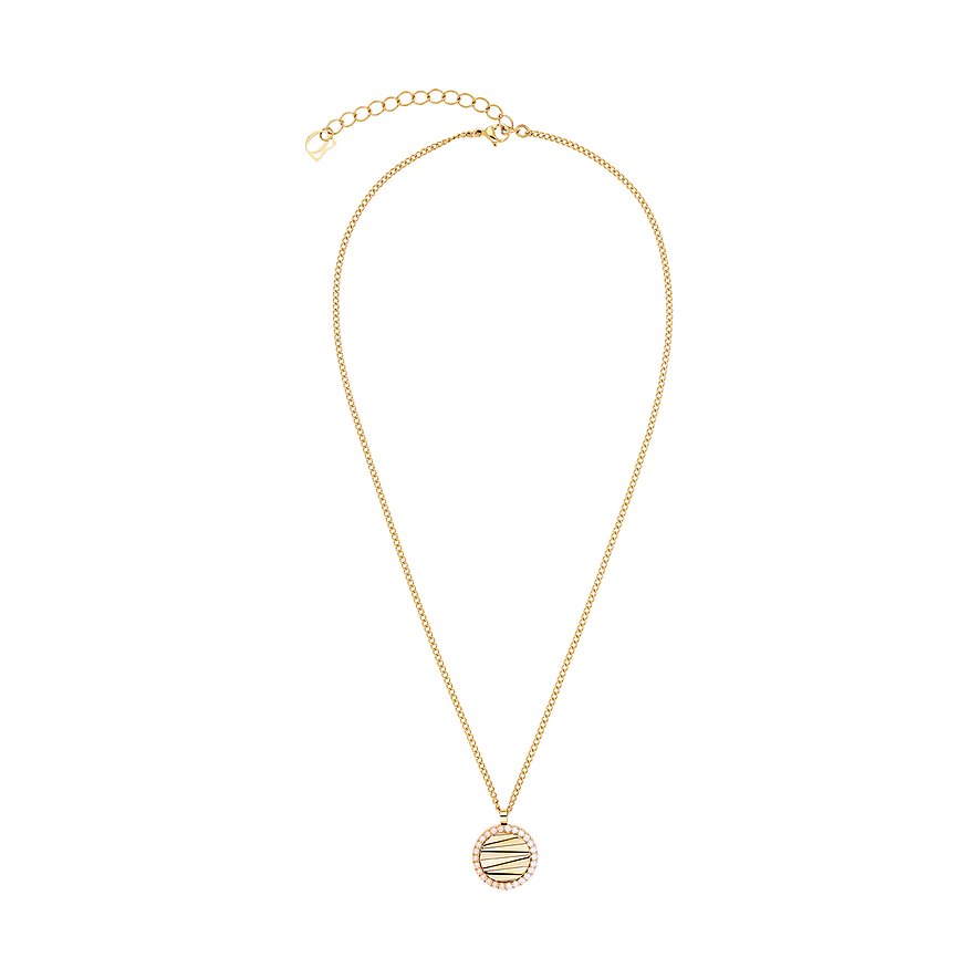 Collier Coeur de Lion en acier inoxydable doré avec un pendentif rond orné de zircons colorés.