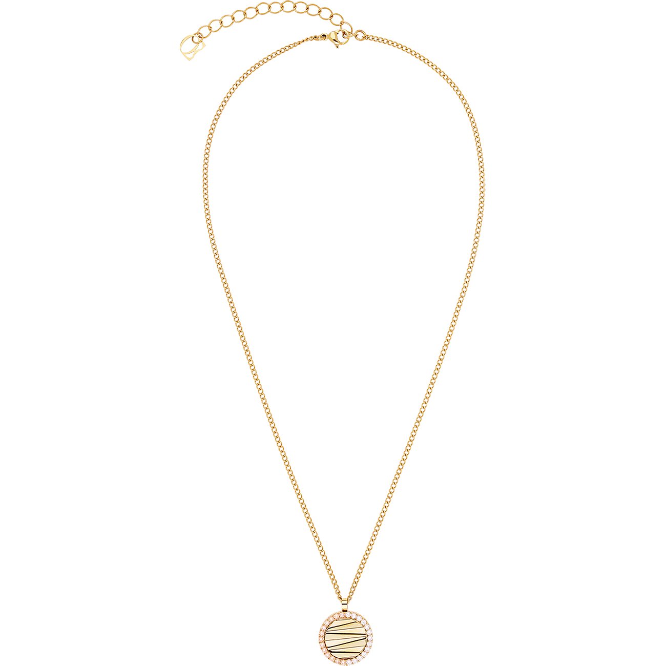 Collier Coeur de Lion en acier inoxydable doré avec un pendentif rond orné de zircons colorés.