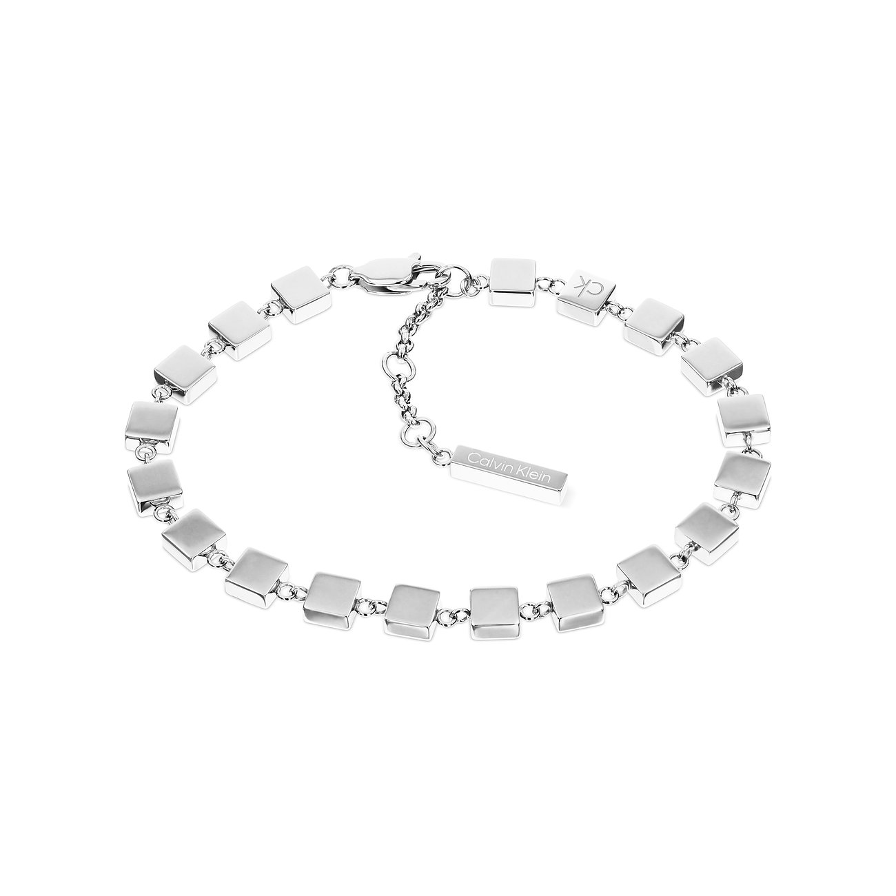 Calvin Klein damesarmband van glanzend roestvrij staal met vierkante schakels en logo-bedels.