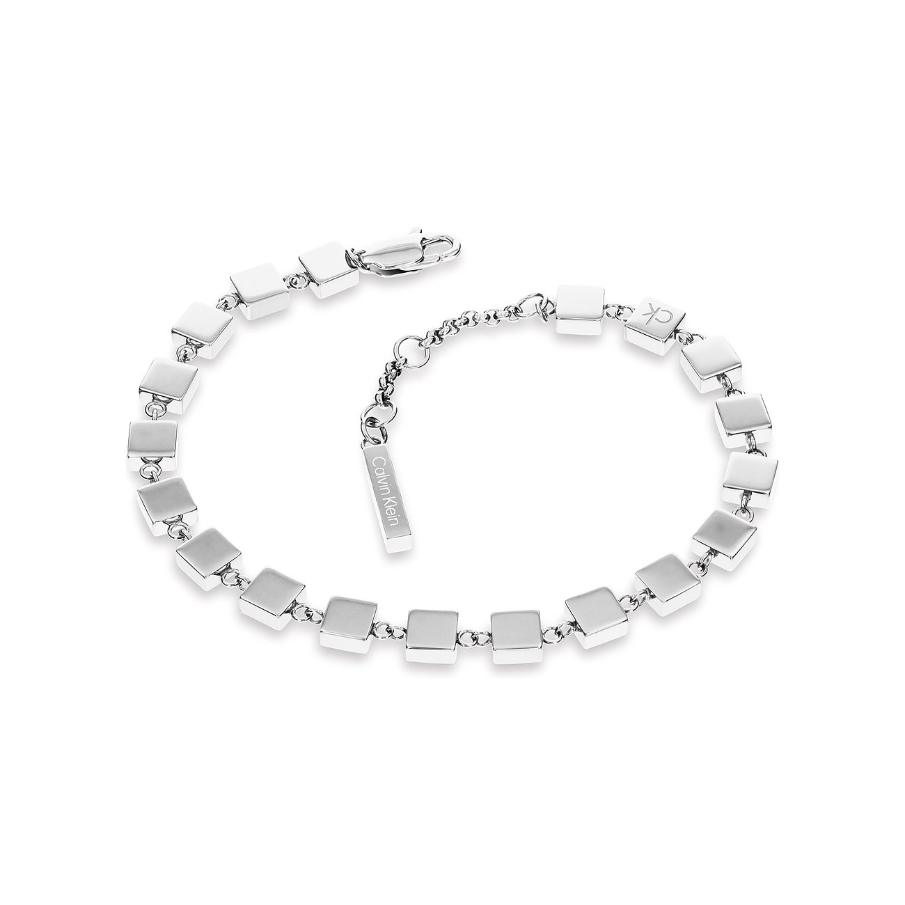Calvin Klein damesarmband van glanzend roestvrij staal met vierkante schakels en logo-bedel.
