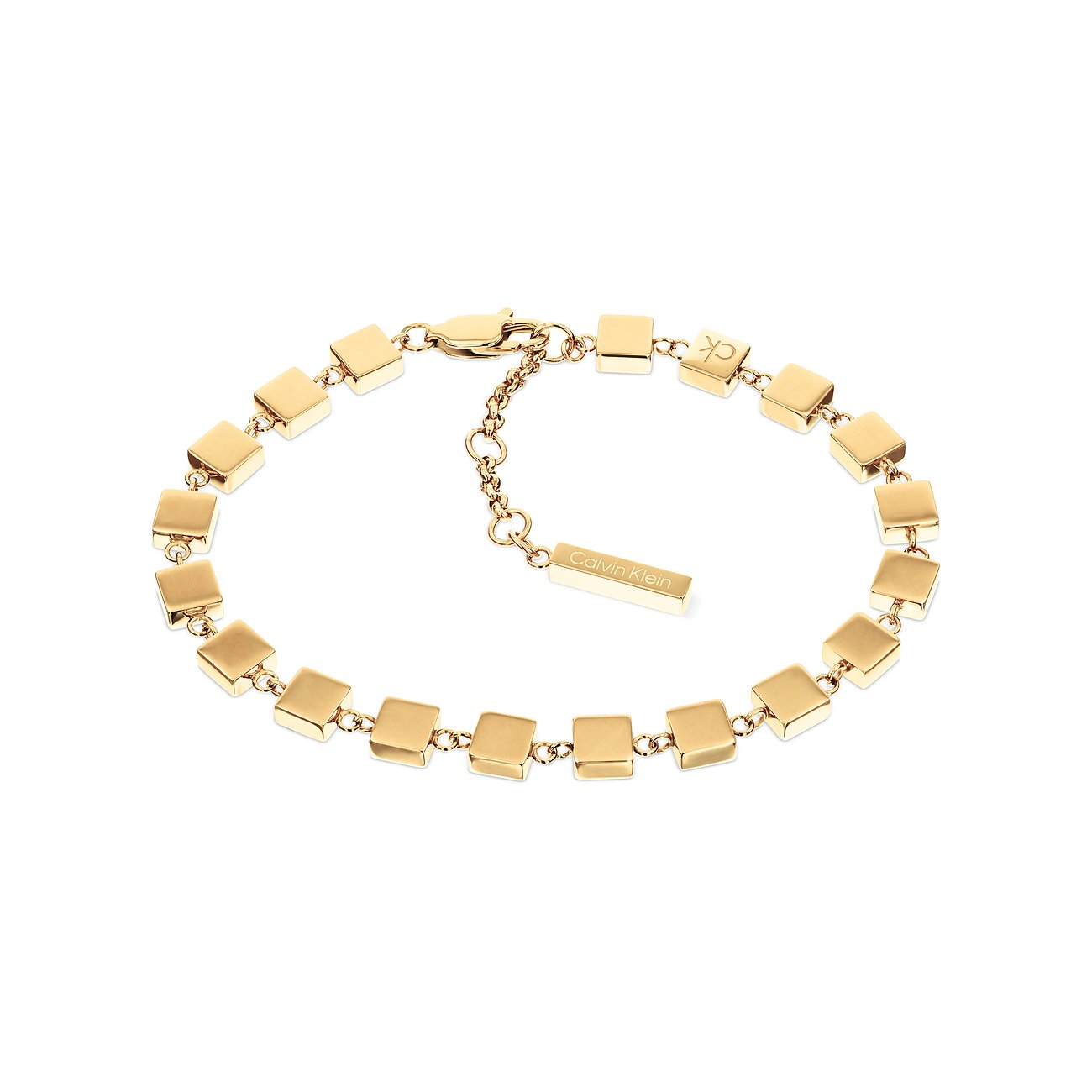 Calvin Klein damesarmband van glanzend goudkleurig roestvrij staal met verbonden vierkante elementen.