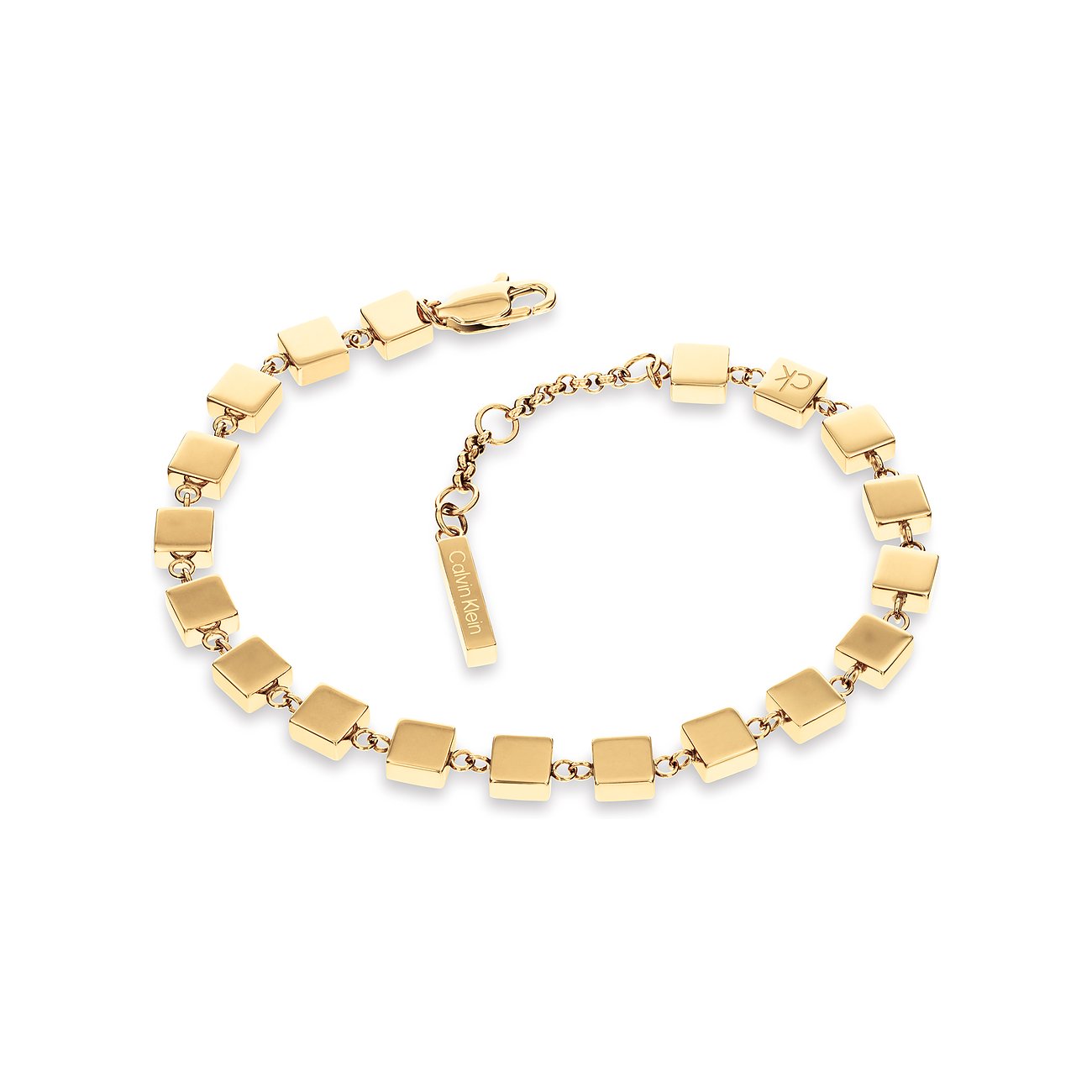 Calvin Klein armband van goudkleurig roestvrij staal met hoekige schakels en logo hanger.