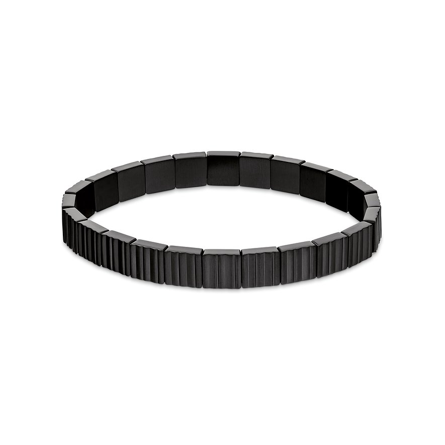 Calvin Klein Herrenarmband aus schwarzem Edelstahl, bestehend aus glatten und geriffelten rechteckigen Gliedern.