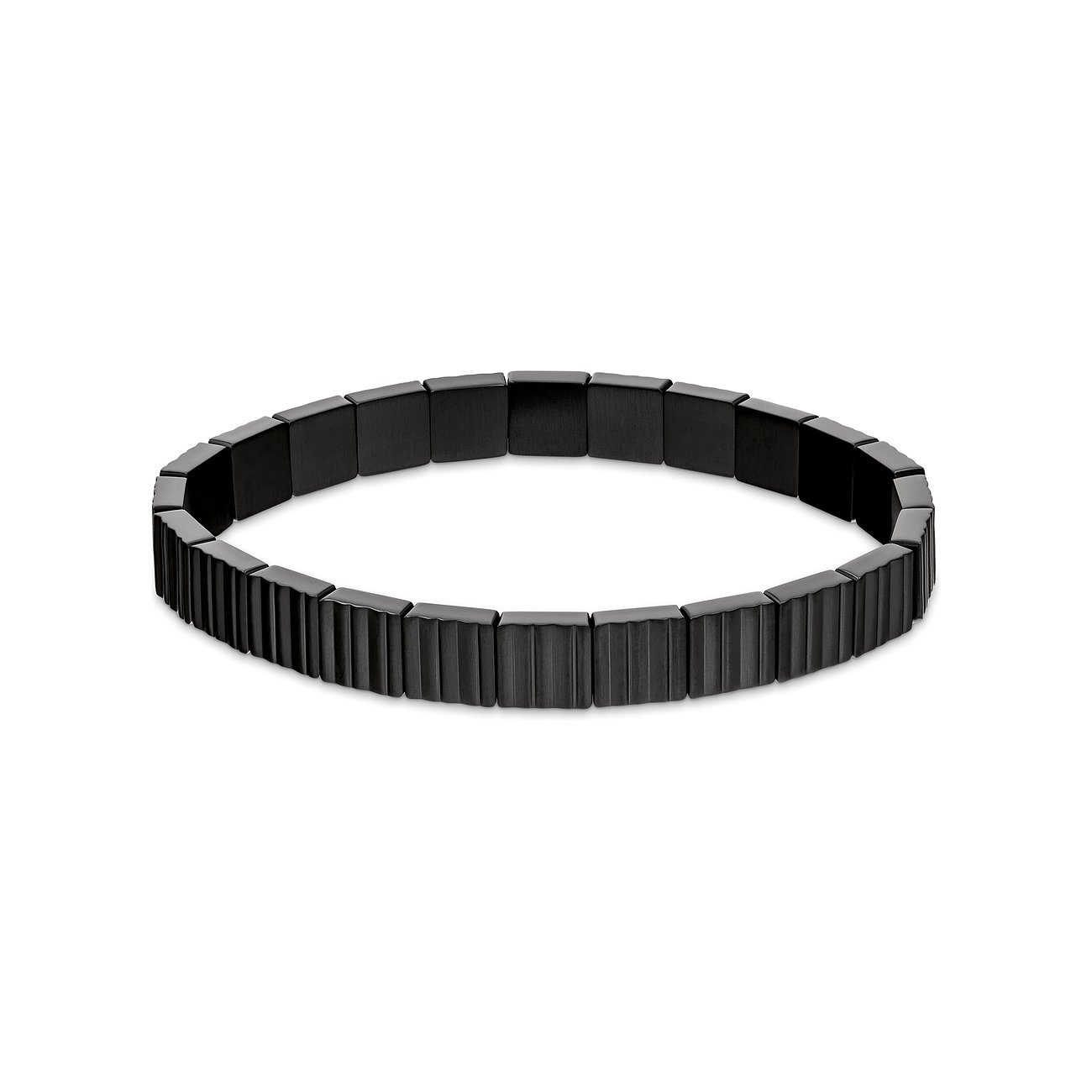 Calvin Klein Herrenarmband aus schwarzem Edelstahl, bestehend aus glatten und geriffelten rechteckigen Gliedern.