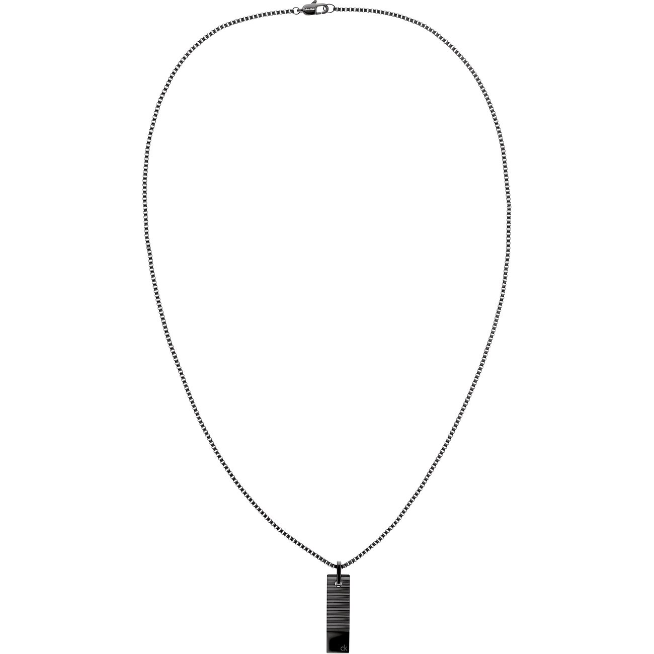 Calvin Klein roestvrijstalen halsketting met smalle ketting en rechthoekige zwarte hanger.