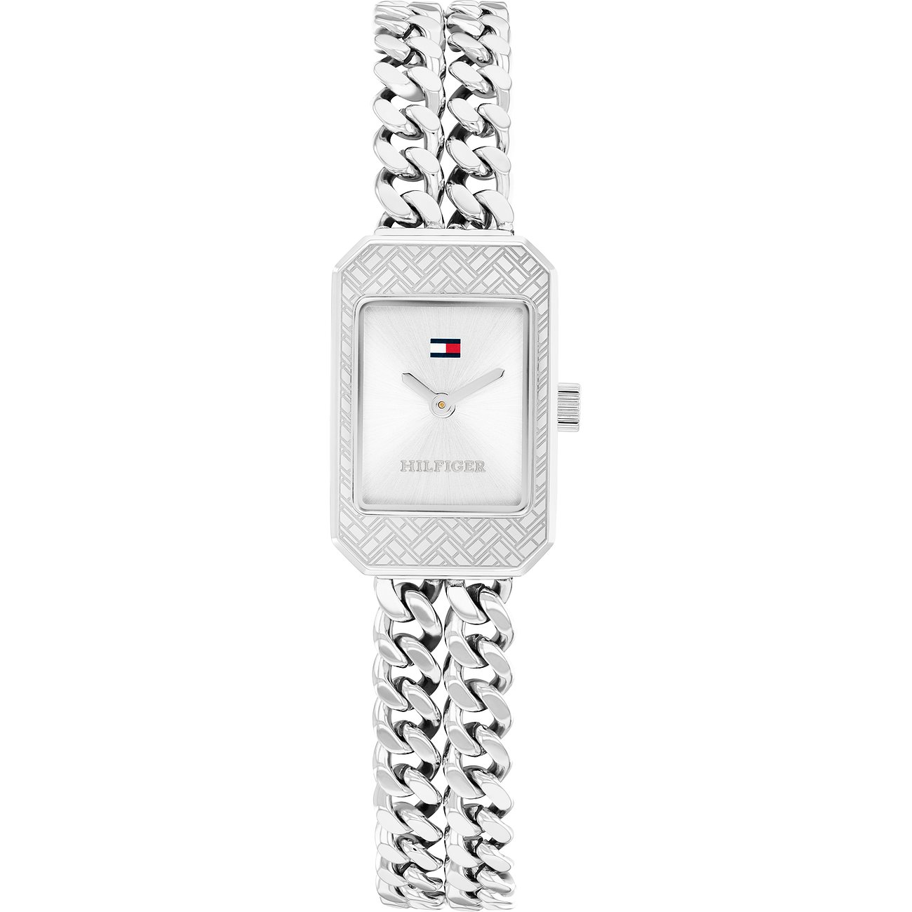 Tommy Hilfiger Damenuhr aus Edelstahl mit rechteckigem Zifferblatt und silberfarbenem Kettenarmband.