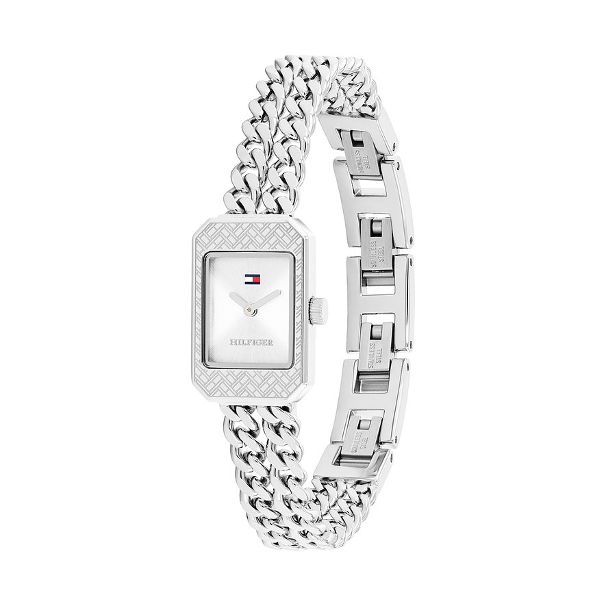 Tommy Hilfiger Damenuhr aus Edelstahl mit rechteckigem Zifferblatt und Gliederarmband.