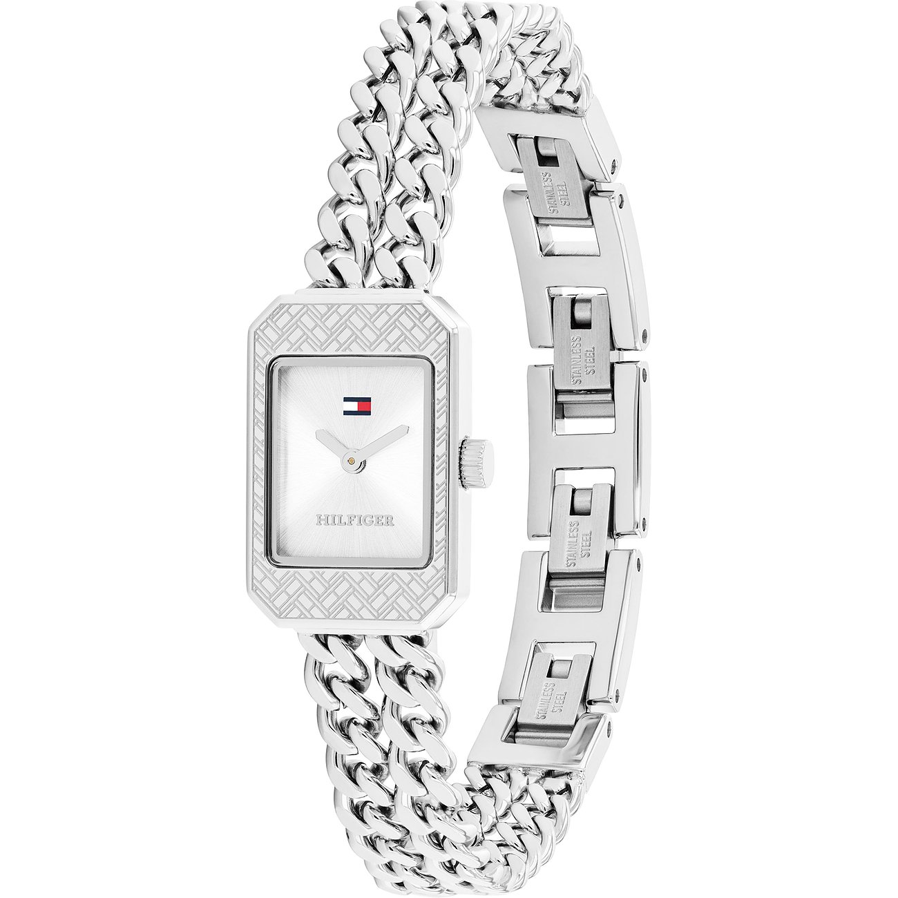 Tommy Hilfiger Damenuhr aus Edelstahl mit rechteckigem Zifferblatt und Gliederarmband.