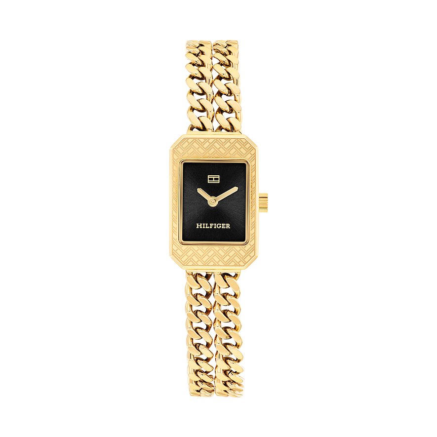 Tommy Hilfiger Damenuhr aus goldfarbenem Edelstahl mit schwarzem rechteckigem Zifferblatt und Gliederarmband.