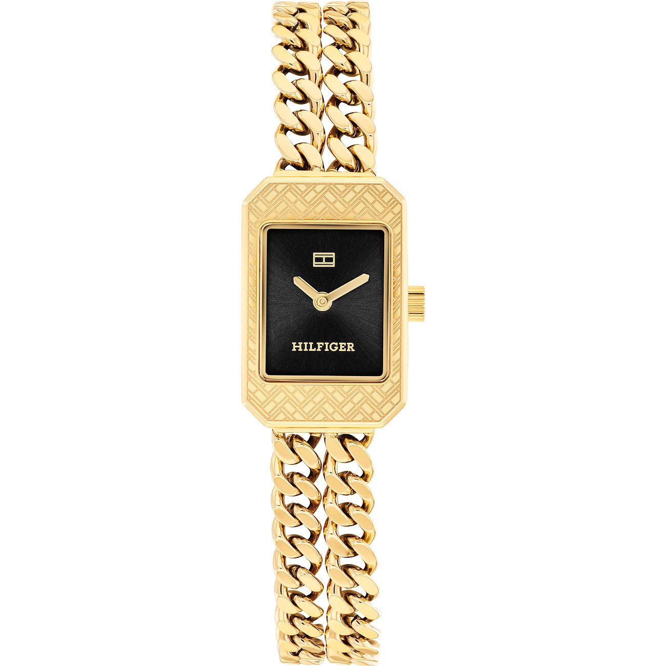 Tommy Hilfiger Damenuhr aus goldfarbenem Edelstahl mit schwarzem rechteckigem Zifferblatt und Gliederarmband.