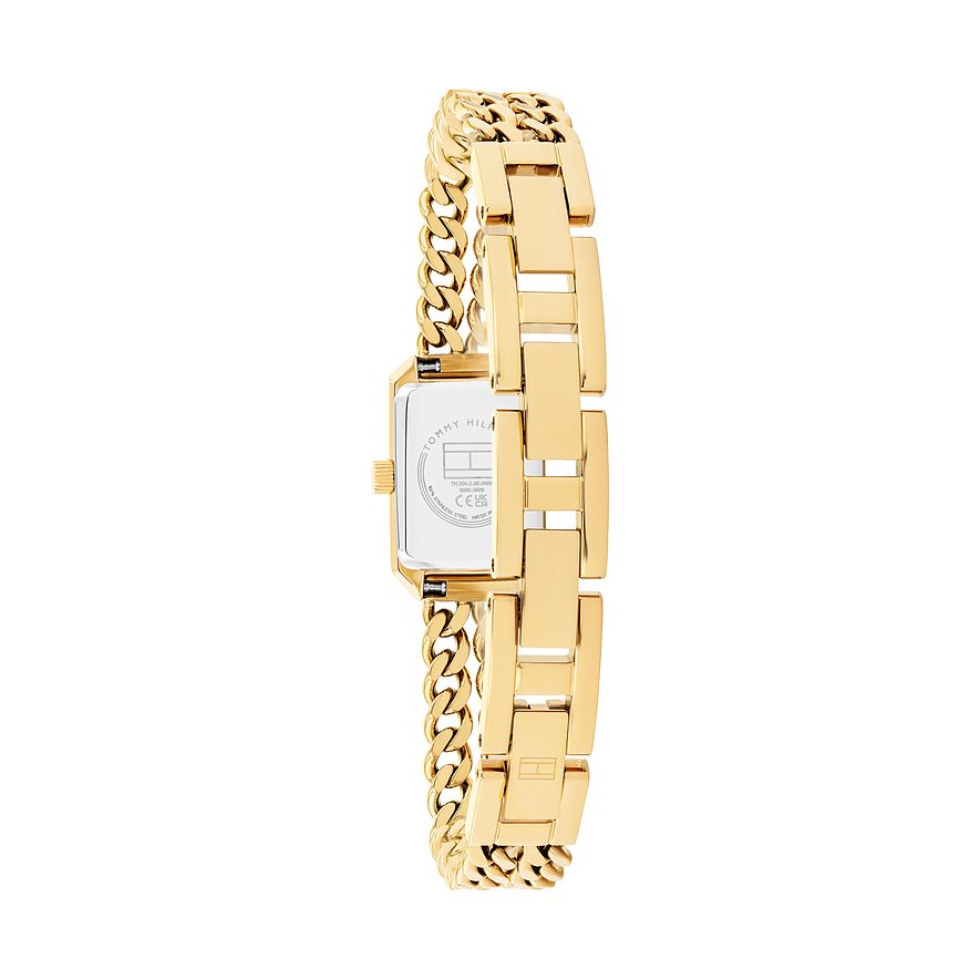 Rückansicht der goldenen Tommy Hilfiger Damenuhr aus Edelstahl mit rechteckigem Gehäuse und Gliederkette.