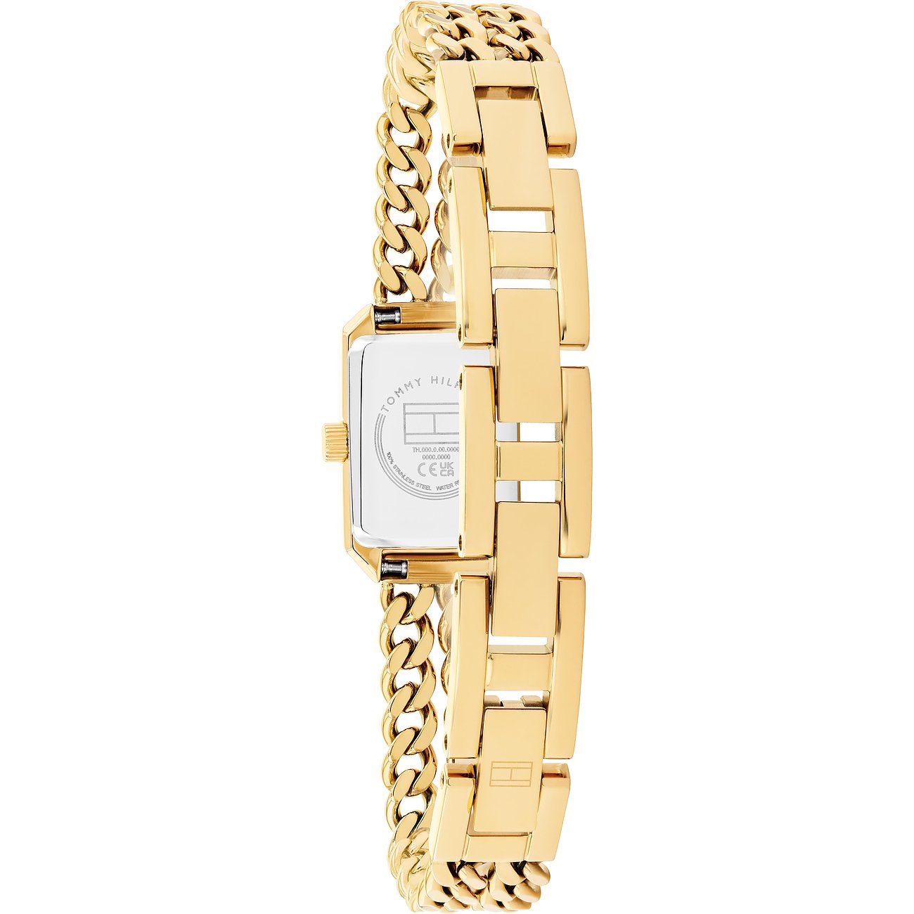 Rückansicht der goldenen Tommy Hilfiger Damenuhr aus Edelstahl mit rechteckigem Gehäuse und Gliederkette.