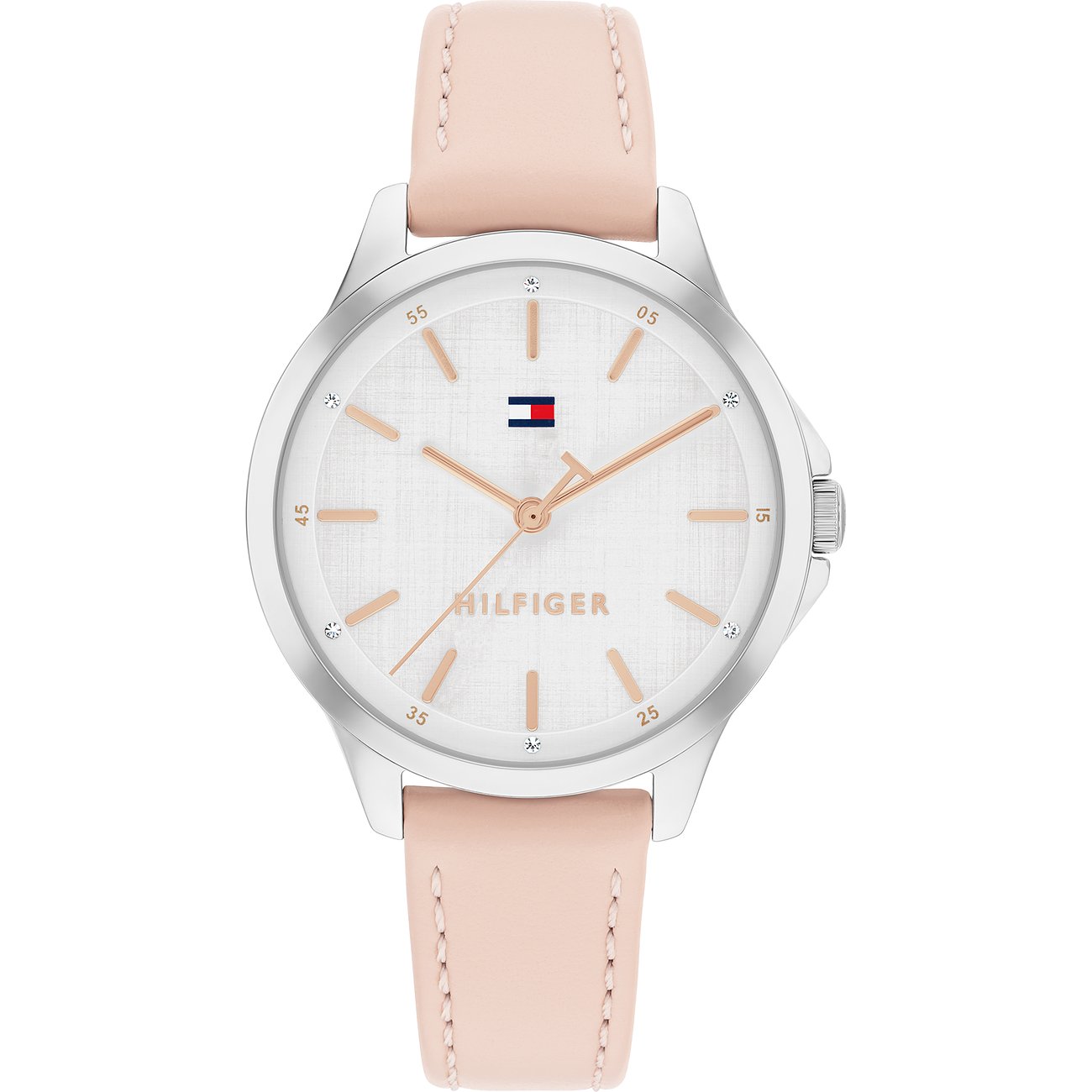 Tommy Hilfiger Damenuhr aus Edelstahl mit rosafarbenem Lederarmband und weißem Zifferblatt in Draufsicht.