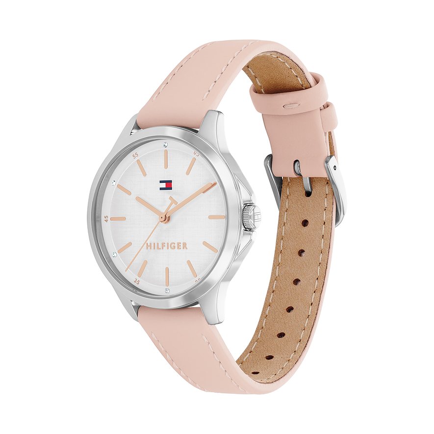 Tommy Hilfiger Damenuhr aus Edelstahl mit hellem Zifferblatt, roségoldenen Akzenten und rosafarbenem Lederarmband
