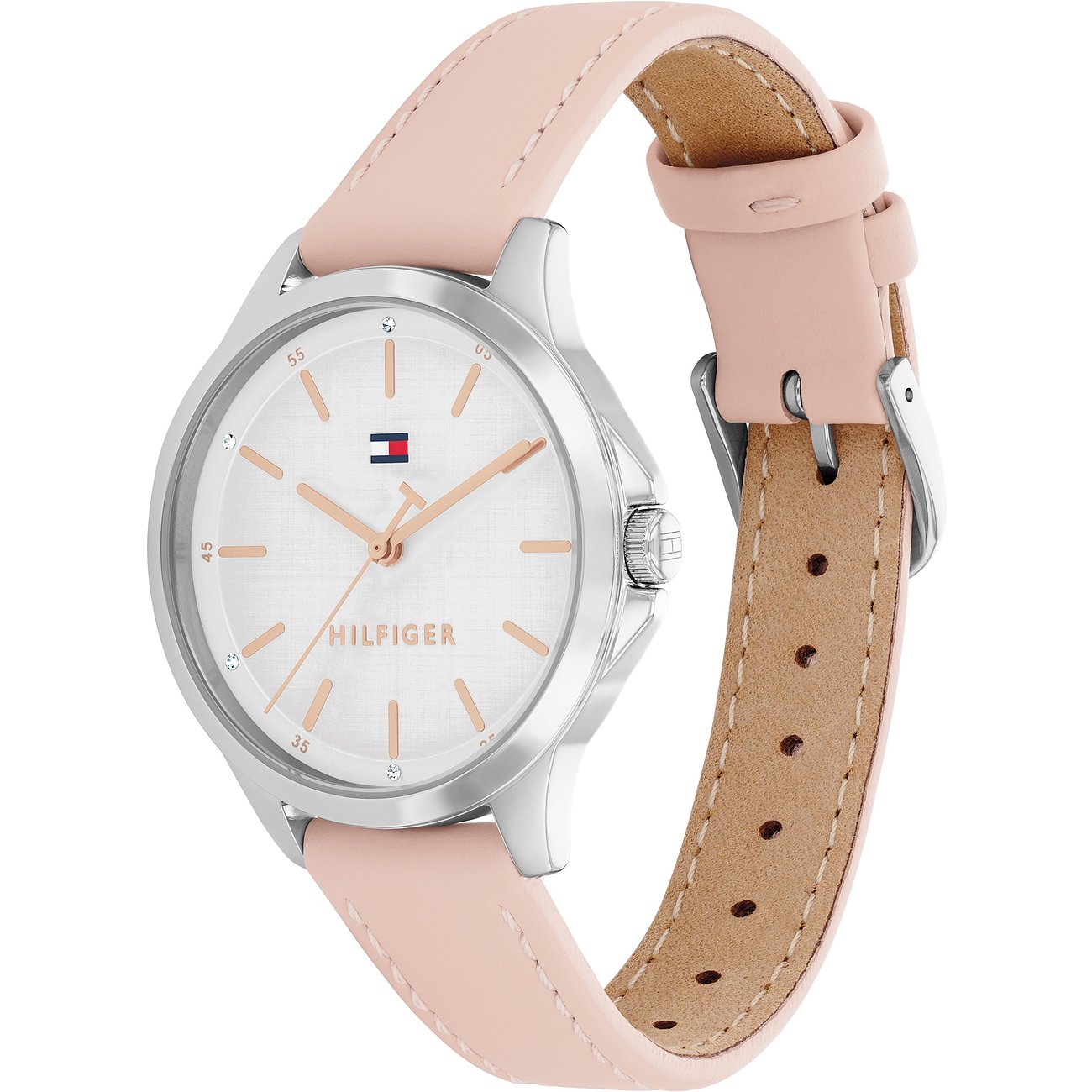 Tommy Hilfiger Damenuhr aus Edelstahl mit hellem Zifferblatt, roségoldenen Akzenten und rosafarbenem Lederarmband