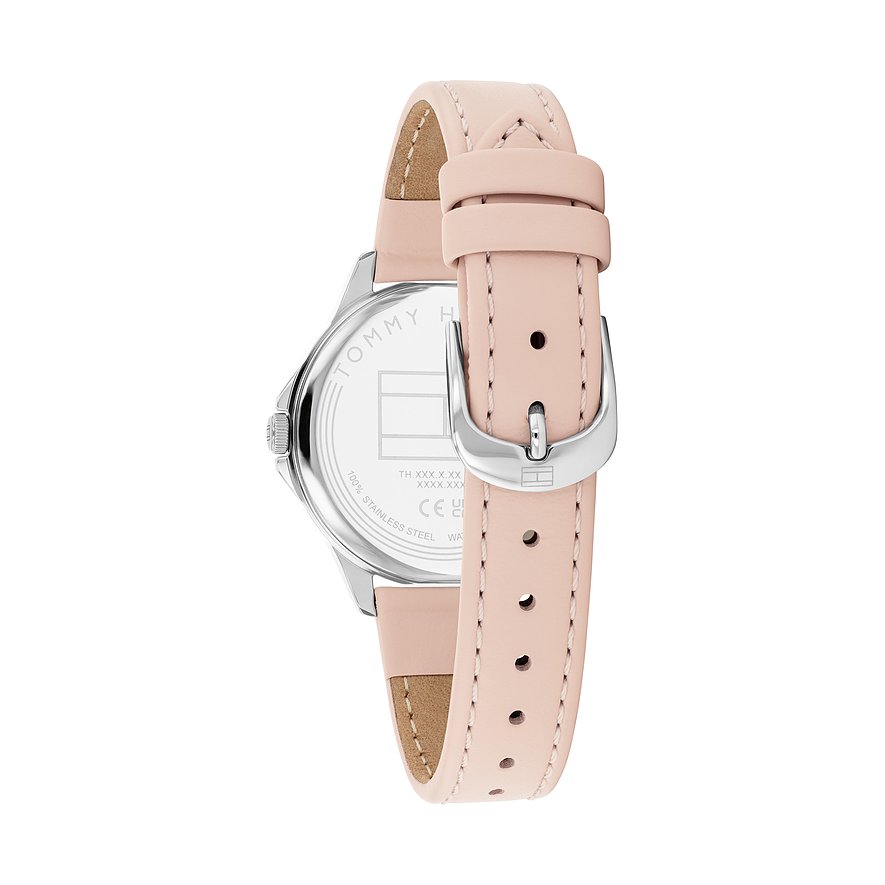 Rückansicht der Tommy Hilfiger Damenuhr aus Edelstahl mit einem blassrosa Lederarmband und Dornschließe.