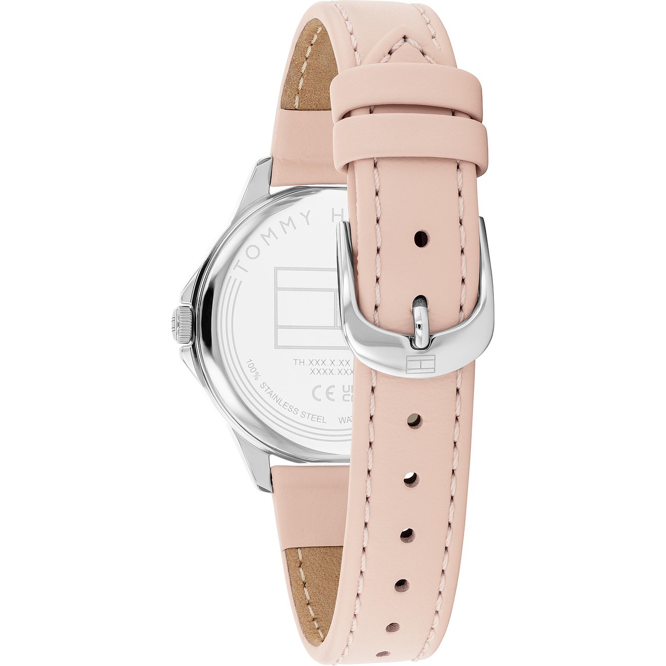 Rückansicht der Tommy Hilfiger Damenuhr aus Edelstahl mit einem blassrosa Lederarmband und Dornschließe.