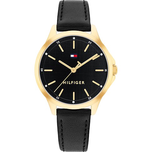Tommy Hilfiger Damenuhr aus goldfarbenem Edelstahl mit schwarzem Zifferblatt und schwarzem Lederarmband.