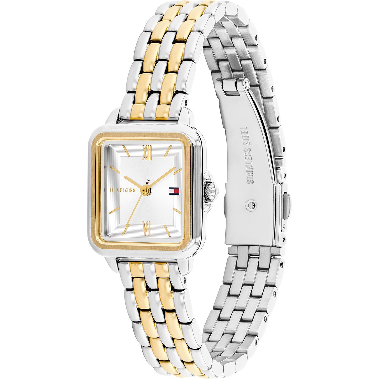 Die Tommy Hilfiger Damenuhr aus zweifarbigem Edelstahl hat ein rechteckiges Gehäuse und ein silbernes Zifferblatt.