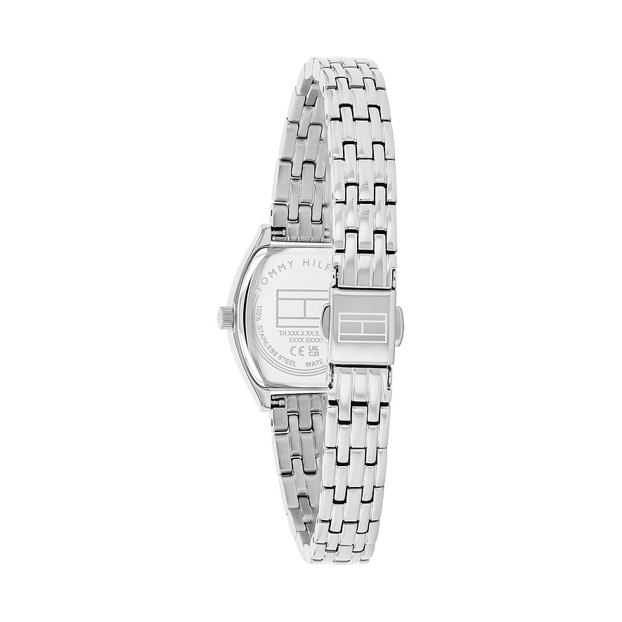Rückansicht der Tommy Hilfiger Damenuhr aus Edelstahl, glänzendes Gliederarmband mit Faltschließe.